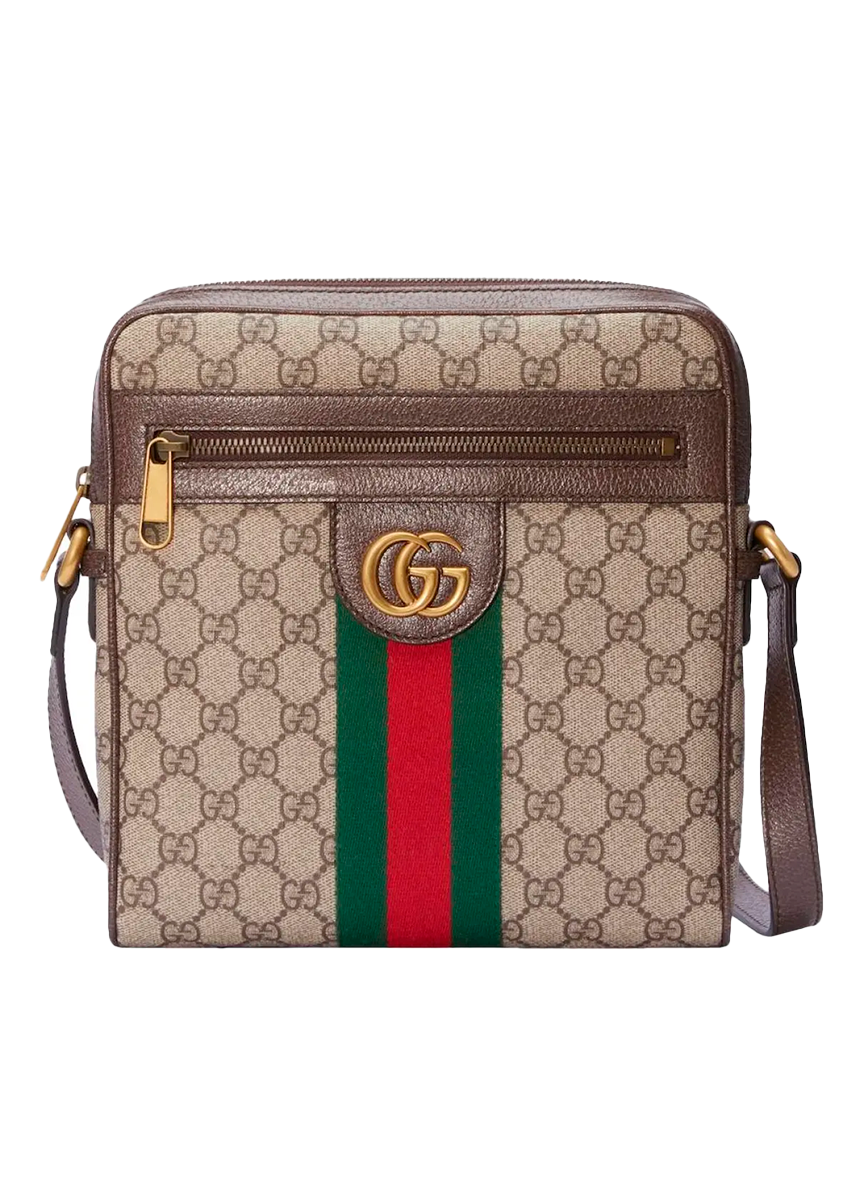 Gucci GUCCI GG CANVAS CROSSBODY BAG WITH BROWN LEATHER AND GREEN/RED STRIPE