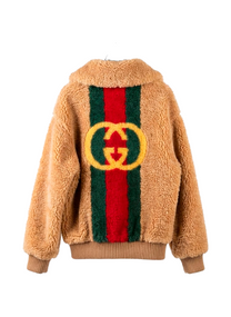 Gucci GUCCI SHEARLING TEDDY JACKET WITH WEB STRIPE AND GG BACK-CREAM