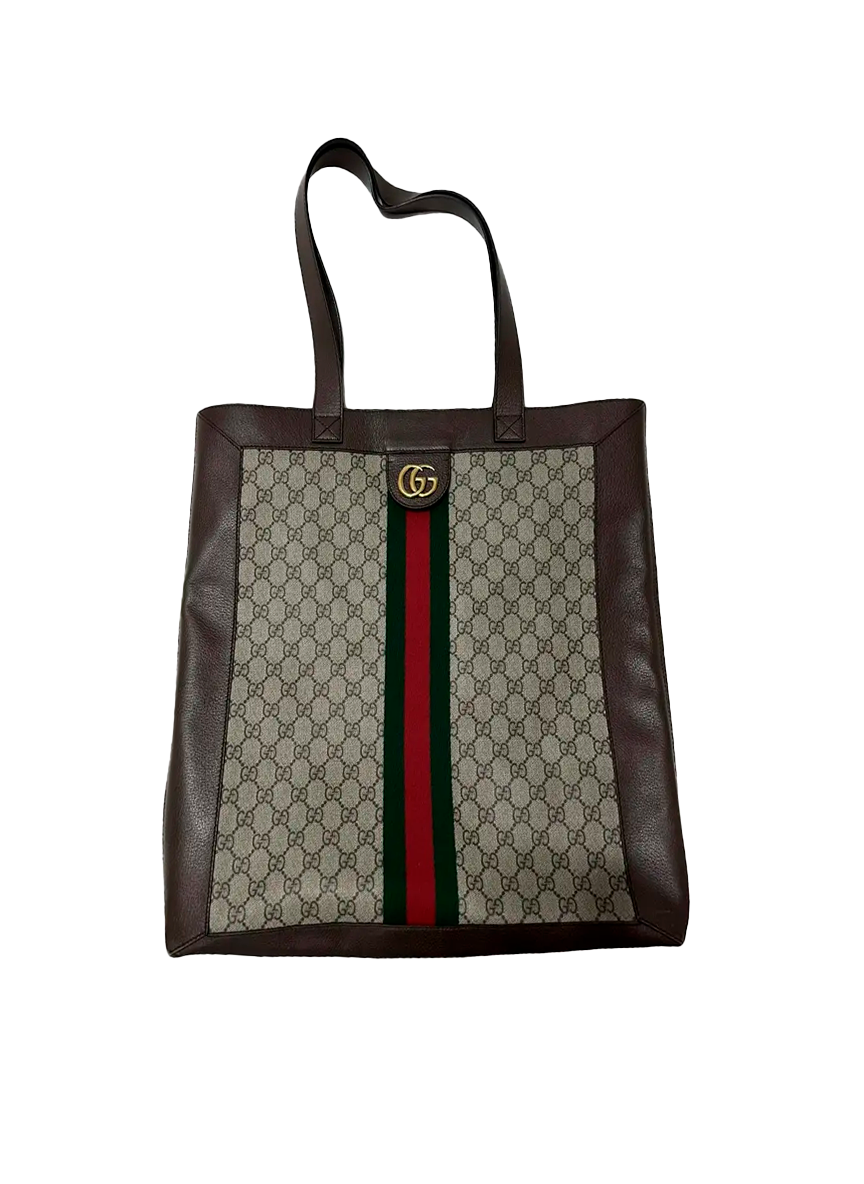 Gucci GUCCI GG CANVAS TOTE BAG WITH BROWN LEATHER AND GREEN/RED STRIPE
