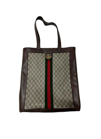Gucci GUCCI GG CANVAS TOTE BAG WITH BROWN LEATHER AND GREEN/RED STRIPE