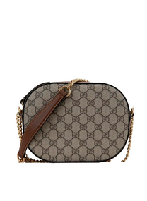 Gucci GUCCI GG CANVAS ROUND CROSSBODY BAG WITH BLACK LEATHER AND GOLD CHAIN