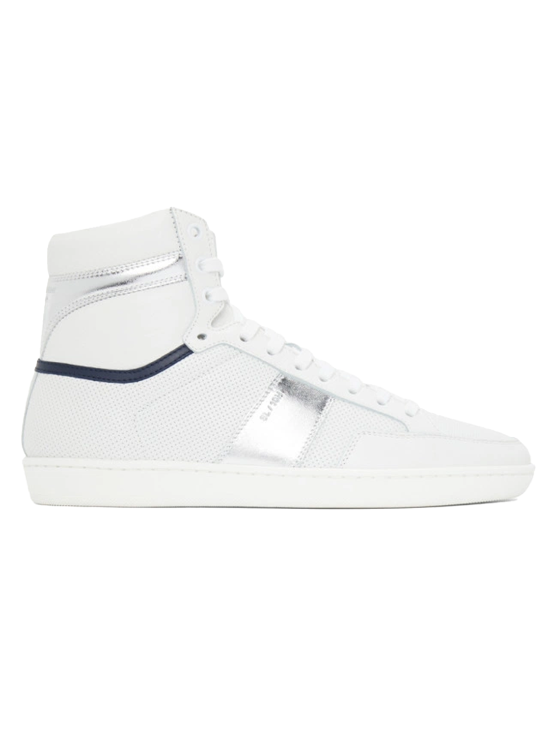 Saint Laurent SAINT LAURENT COURT CLASSIC SL/10H HIGH-TOP SNEAKER IN WHITE LEATHER WITH METALLIC SILVER AND NAVY BLUE ACCENTS.