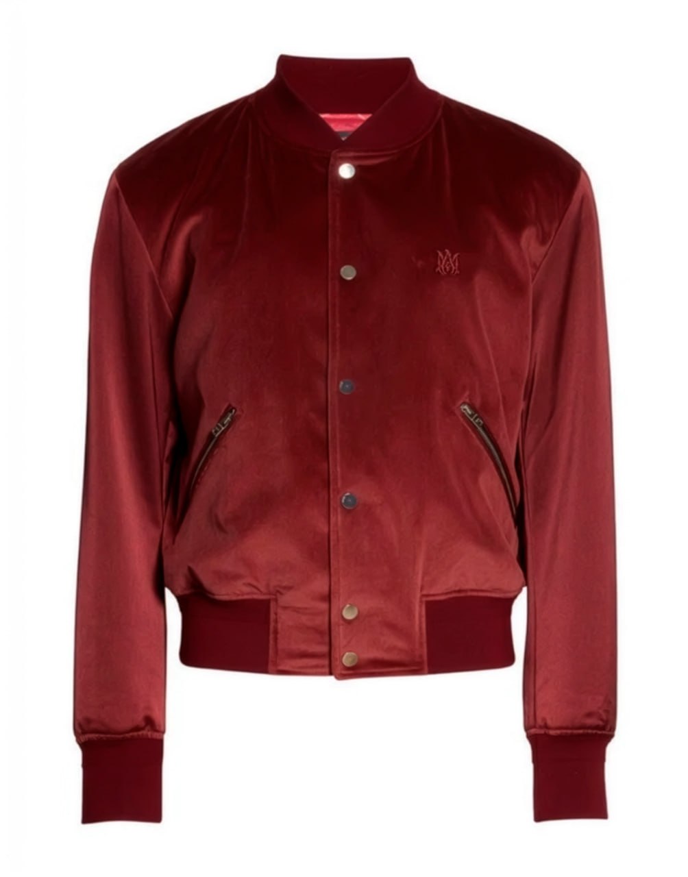 AMIRI EMBROIDERED LOGO VELVETEEN &amp; SATIN BOMBER JACKET IN BURGUNDY