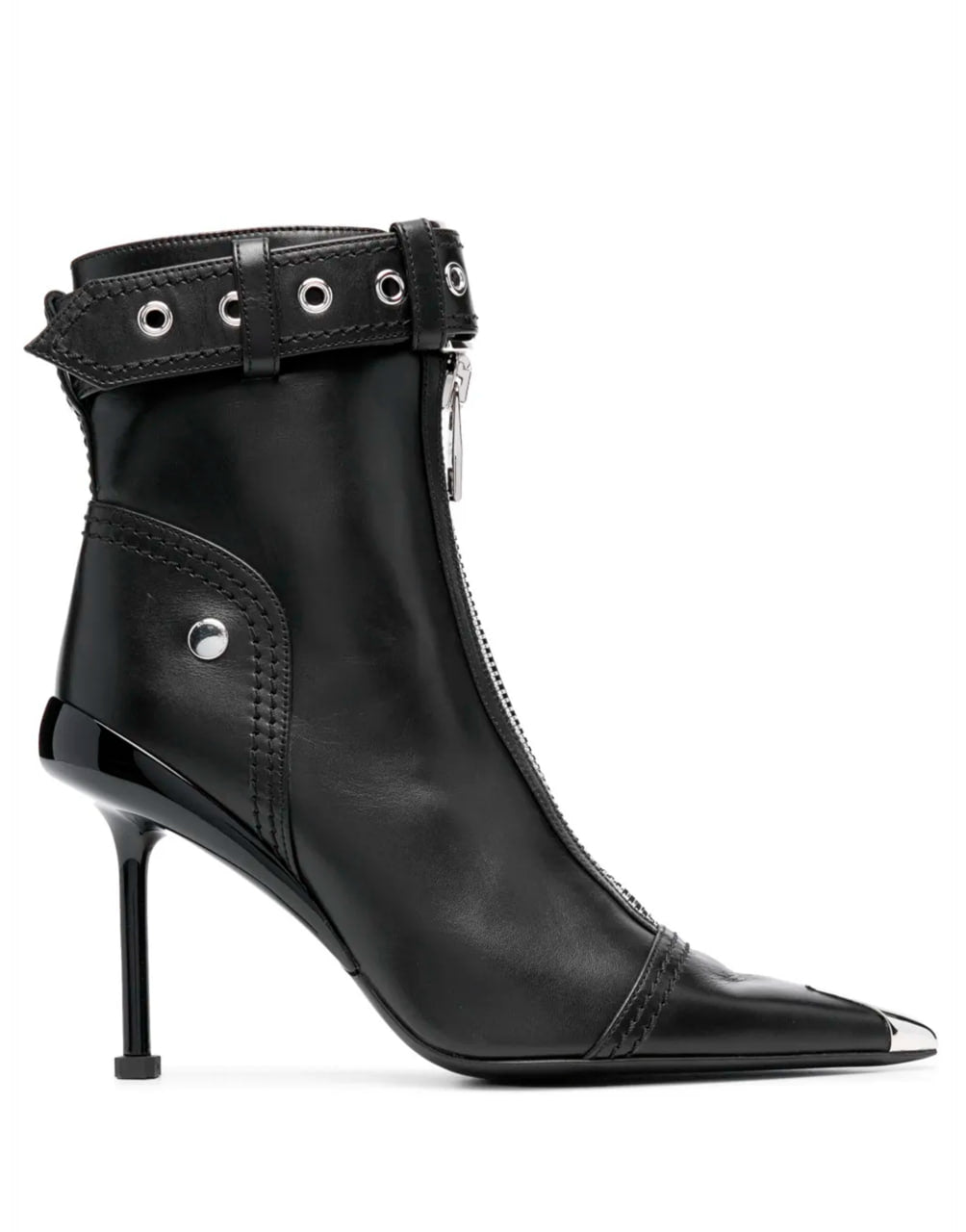 BOTA DE TACÓN CON CREMALLERA Y HEBILLA DE CUERO NEGRO DE ALEXANDER MCQUEEN