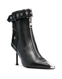 BOTA DE TACÓN CON CREMALLERA Y HEBILLA DE CUERO NEGRO DE ALEXANDER MCQUEEN