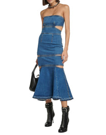 VESTIDO MIDI DE MEZCLILLA CON RECORTES DE ALEXANDER MCQUEEN EN COLOR AZUL