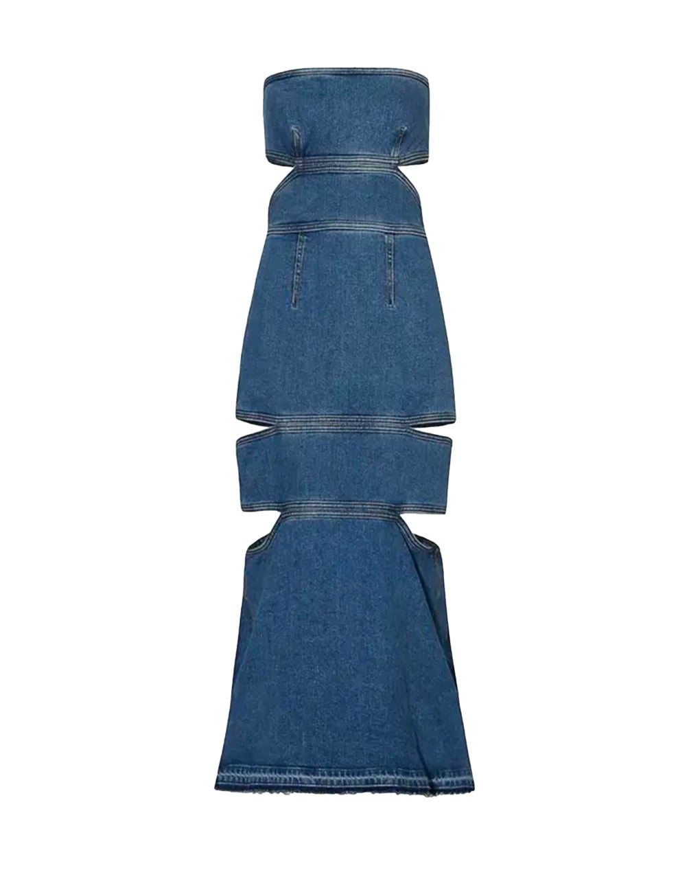 VESTIDO MIDI DE MEZCLILLA CON RECORTES DE ALEXANDER MCQUEEN EN COLOR AZUL