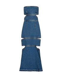 VESTIDO MIDI DE MEZCLILLA CON RECORTES DE ALEXANDER MCQUEEN EN COLOR AZUL