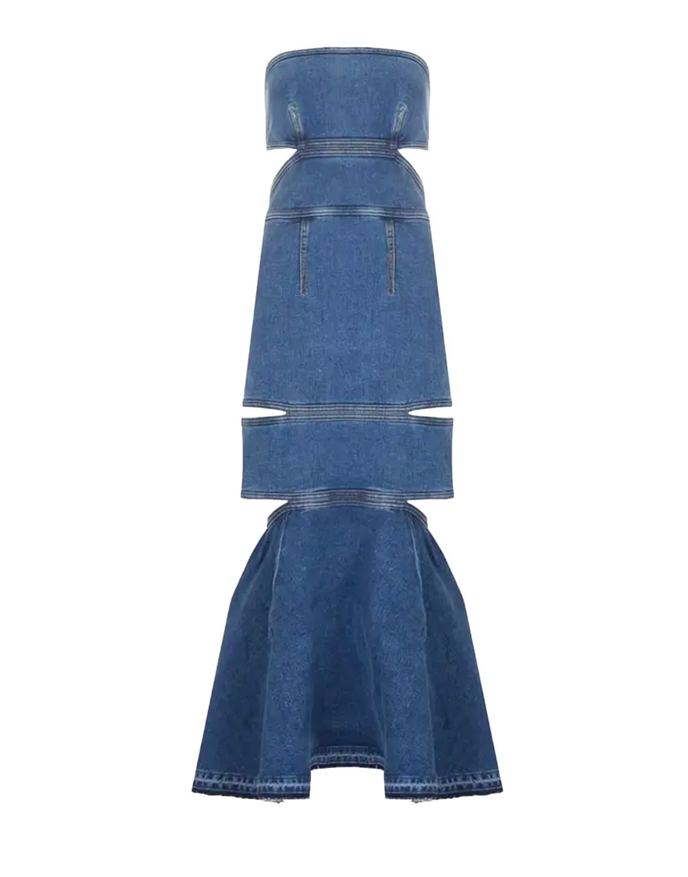 VESTIDO MIDI DE MEZCLILLA CON RECORTES DE ALEXANDER MCQUEEN EN COLOR AZUL