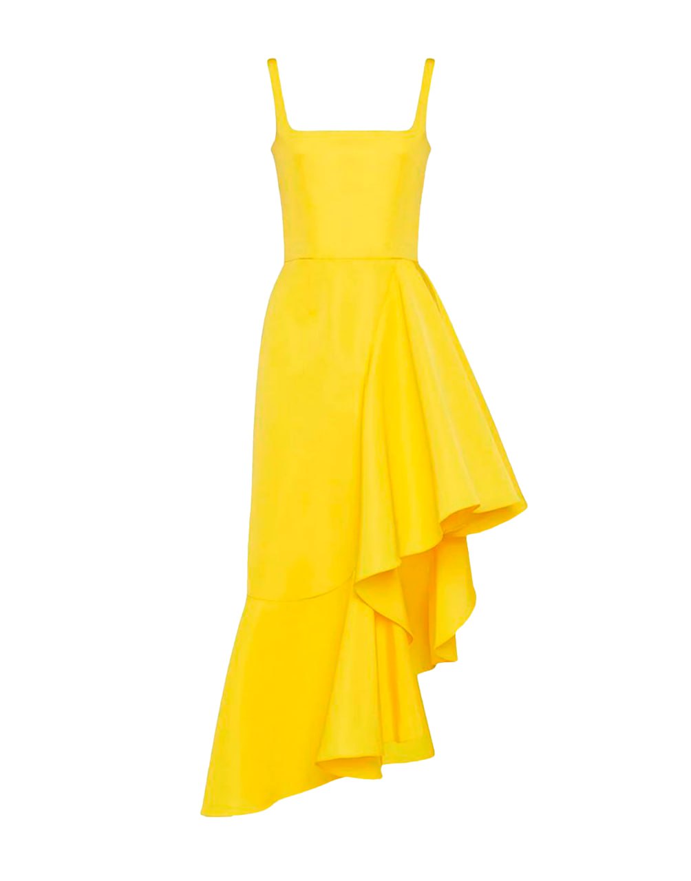 VESTIDO MIDI ASIMÉTRICO CON VOLANTES DE TAFETÁN AMARILLO DE ALEXANDER MCQUEEN
