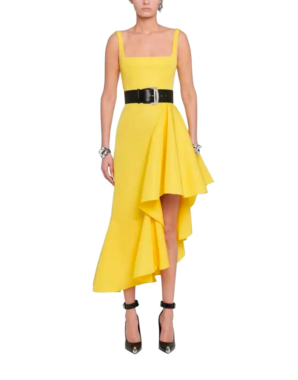 VESTIDO MIDI ASIMÉTRICO CON VOLANTES DE TAFETÁN AMARILLO DE ALEXANDER MCQUEEN