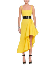 VESTIDO MIDI ASIMÉTRICO CON VOLANTES DE TAFETÁN AMARILLO DE ALEXANDER MCQUEEN