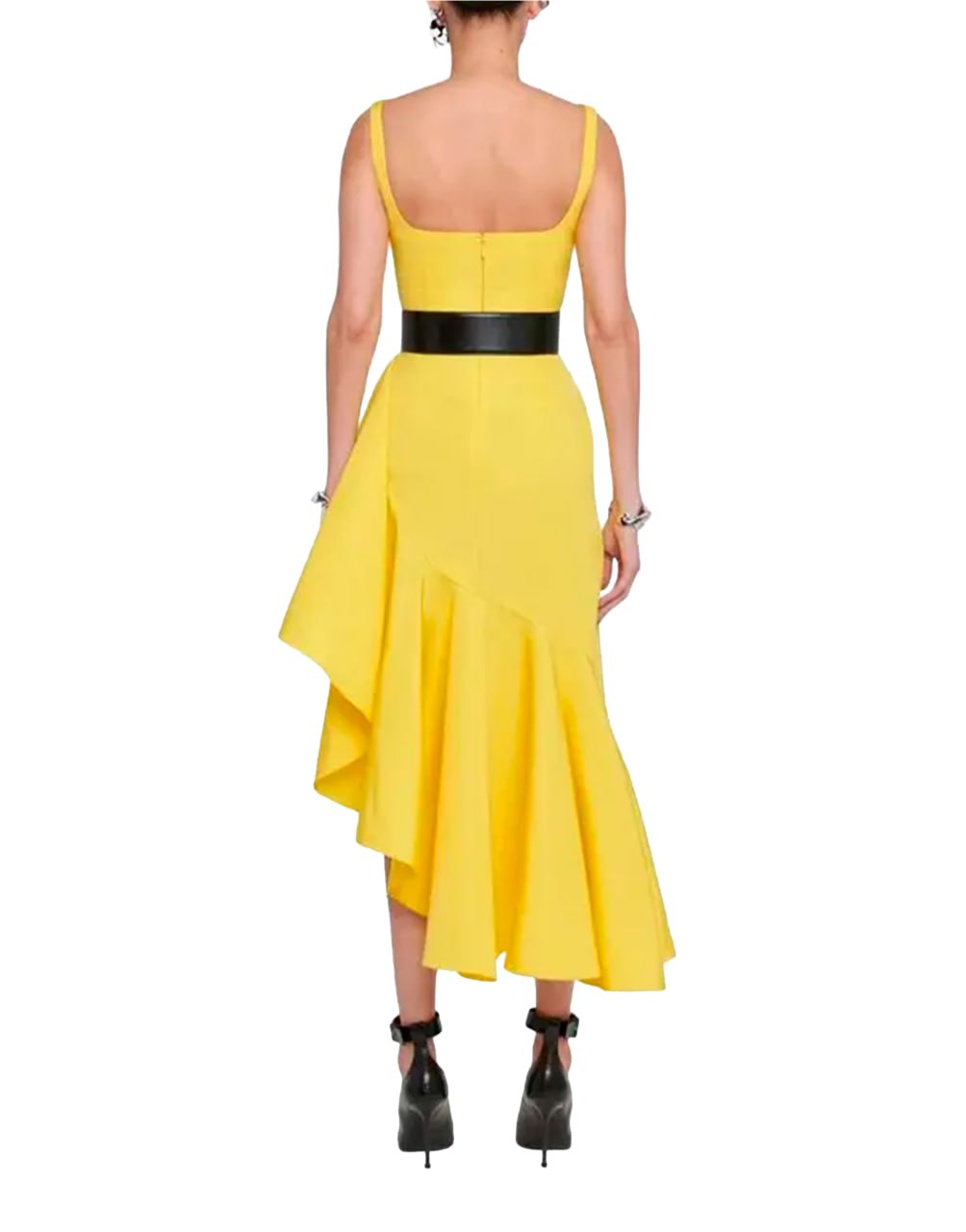 VESTIDO MIDI ASIMÉTRICO CON VOLANTES DE TAFETÁN AMARILLO DE ALEXANDER MCQUEEN