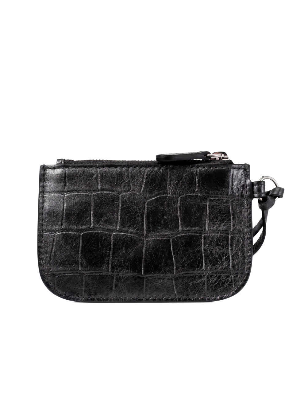 BALENCIAGA MEN'S LE CAGOLE PHONE HOLDER BLACK METALLIC CROC EMBOlSE