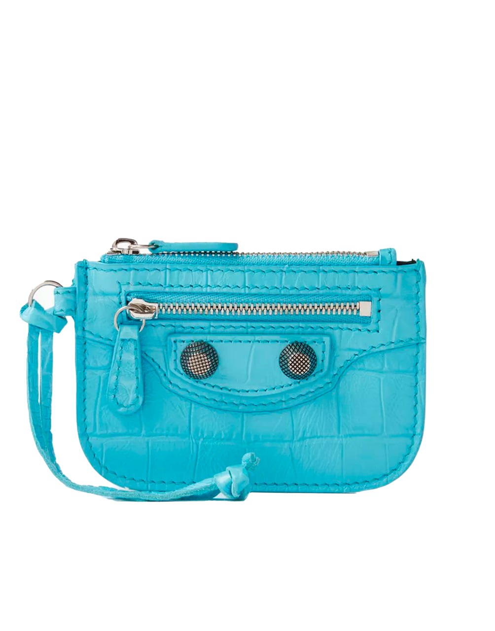 BALENCIAGA LE CAGOLE COIN AND CARD HOLDER LIGHT BLUE CROC EMBOS