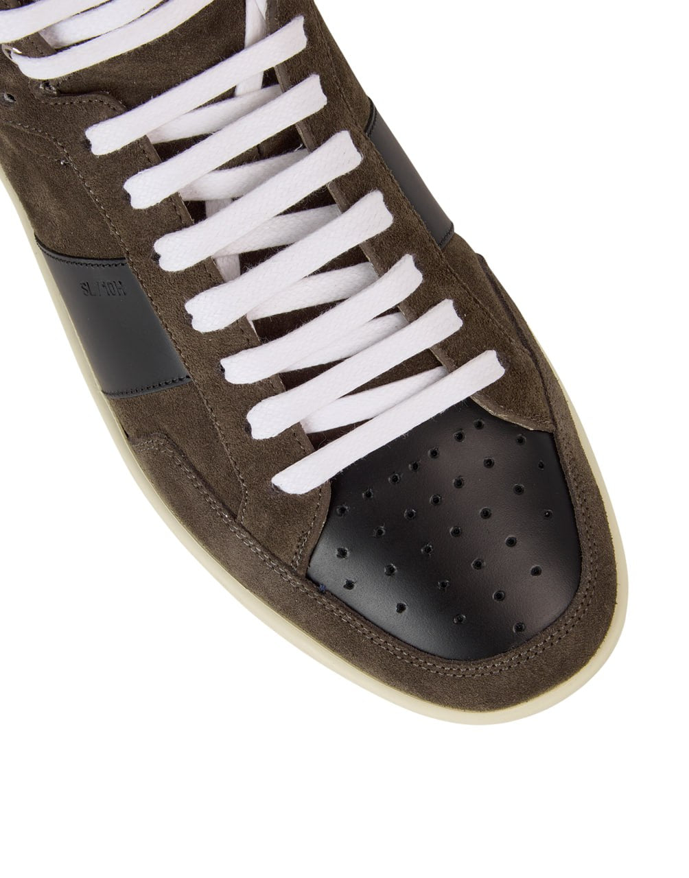 SAINT LAURENT SIGNATURE COURT CLASSIC SL/10H HIGH-TOP SNEAKER IN CLAY SUEDE WITH BLACK PANELING.
