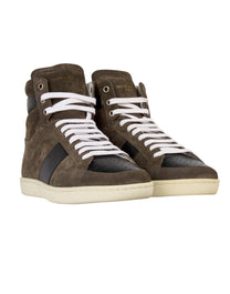 SAINT LAURENT SIGNATURE COURT CLASSIC SL/10H HIGH-TOP SNEAKER IN CLAY SUEDE WITH BLACK PANELING.