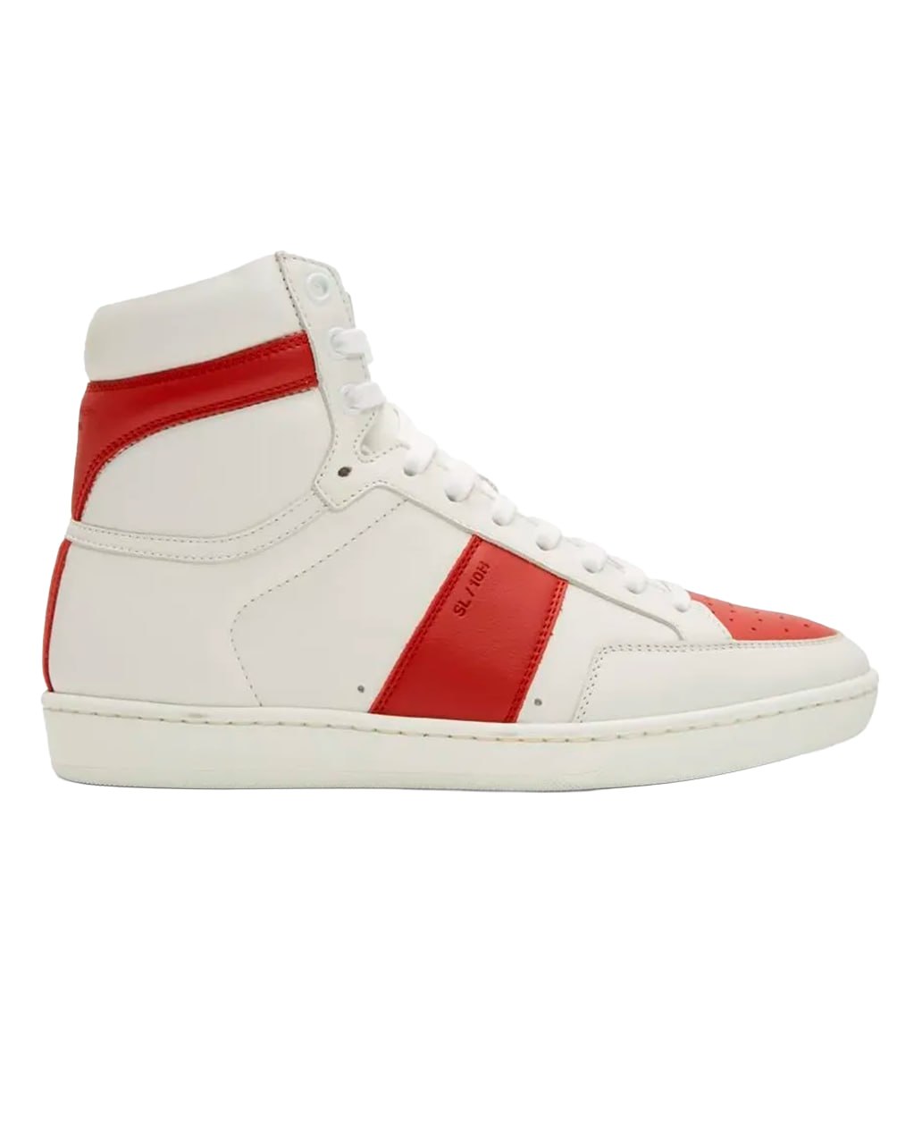 ZAPATILLA ALTA SAINT LAURENT SIGNATURE COURT CLASSIC SL/10H DE PIEL BLANCA Y ROJA.