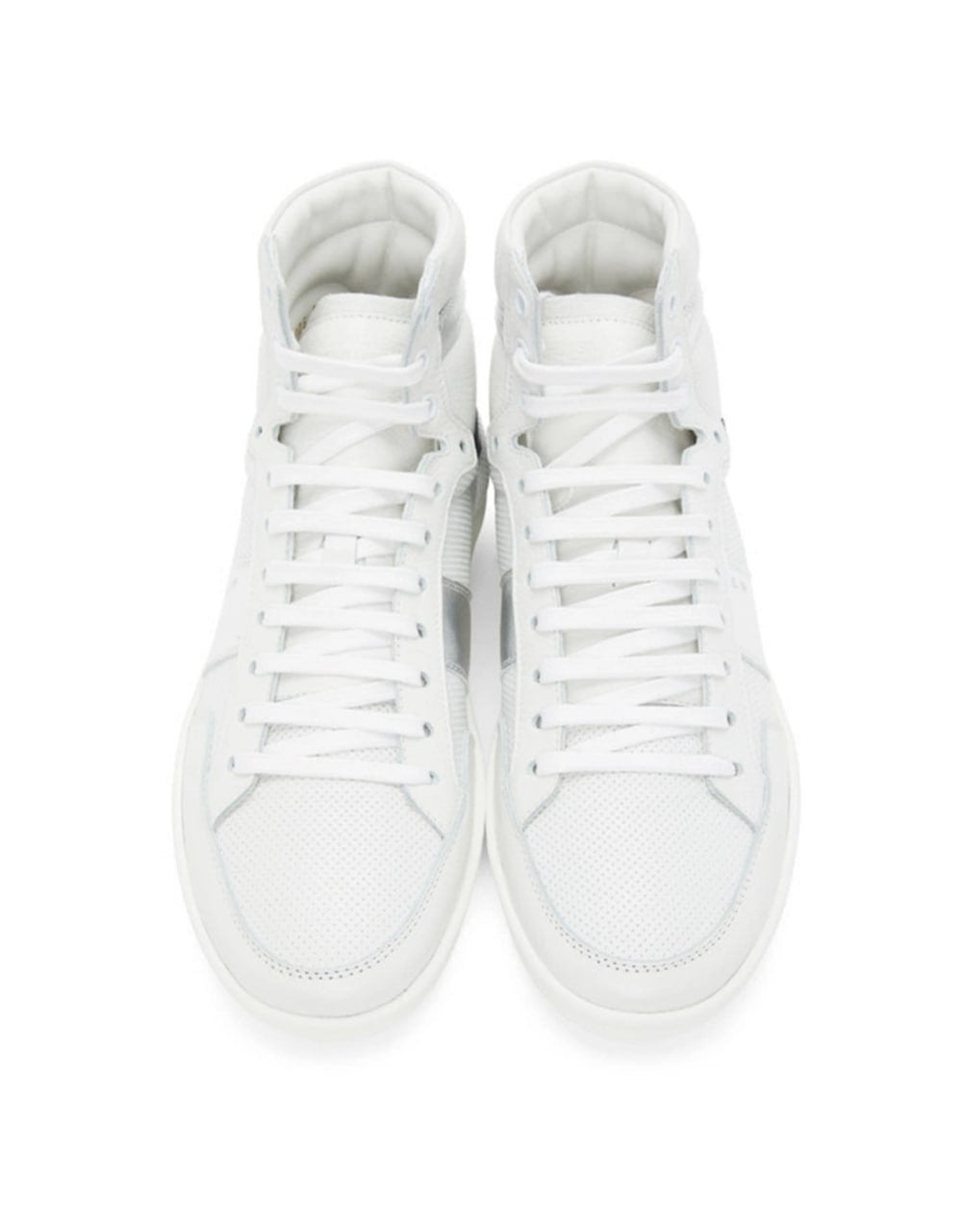 SAINT LAURENT COURT CLASSIC SL/10H HIGH-TOP SNEAKER IN WHITE LEATHER WITH METALLIC SILVER AND NAVY BLUE ACCENTS.