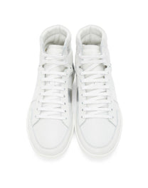 SAINT LAURENT COURT CLASSIC SL/10H HIGH-TOP SNEAKER IN WHITE LEATHER WITH METALLIC SILVER AND NAVY BLUE ACCENTS.
