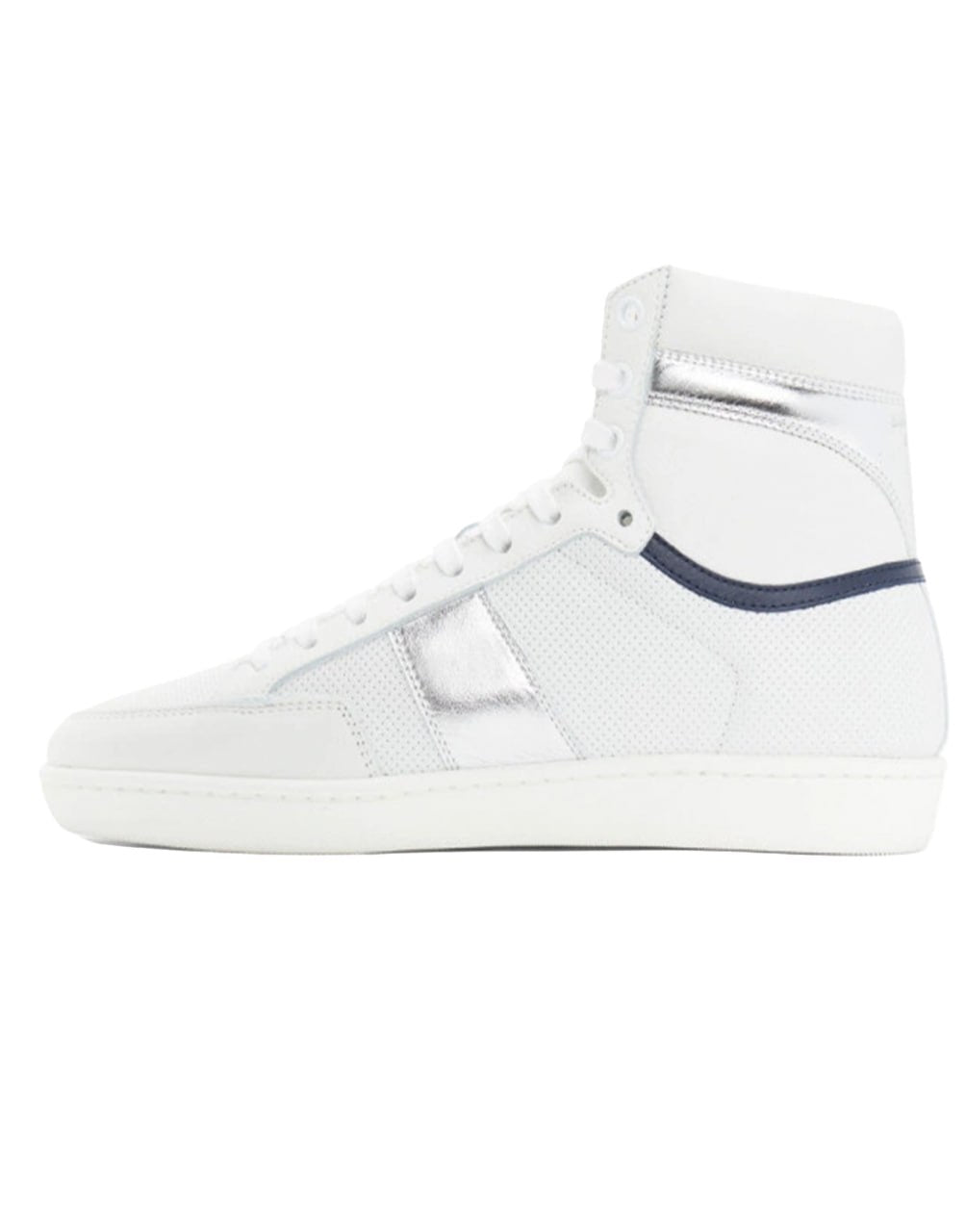 SAINT LAURENT COURT CLASSIC SL/10H HIGH-TOP SNEAKER IN WHITE LEATHER WITH METALLIC SILVER AND NAVY BLUE ACCENTS.
