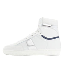SAINT LAURENT COURT CLASSIC SL/10H HIGH-TOP SNEAKER IN WHITE LEATHER WITH METALLIC SILVER AND NAVY BLUE ACCENTS.