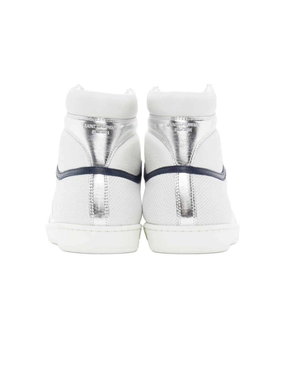SAINT LAURENT COURT CLASSIC SL/10H HIGH-TOP SNEAKER IN WHITE LEATHER WITH METALLIC SILVER AND NAVY BLUE ACCENTS.