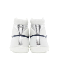 SAINT LAURENT COURT CLASSIC SL/10H HIGH-TOP SNEAKER IN WHITE LEATHER WITH METALLIC SILVER AND NAVY BLUE ACCENTS.