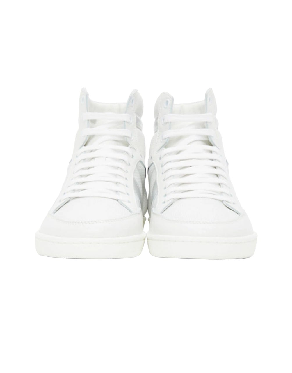 SAINT LAURENT COURT CLASSIC SL/10H HIGH-TOP SNEAKER IN WHITE LEATHER WITH METALLIC SILVER AND NAVY BLUE ACCENTS.