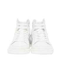 SAINT LAURENT COURT CLASSIC SL/10H HIGH-TOP SNEAKER IN WHITE LEATHER WITH METALLIC SILVER AND NAVY BLUE ACCENTS.