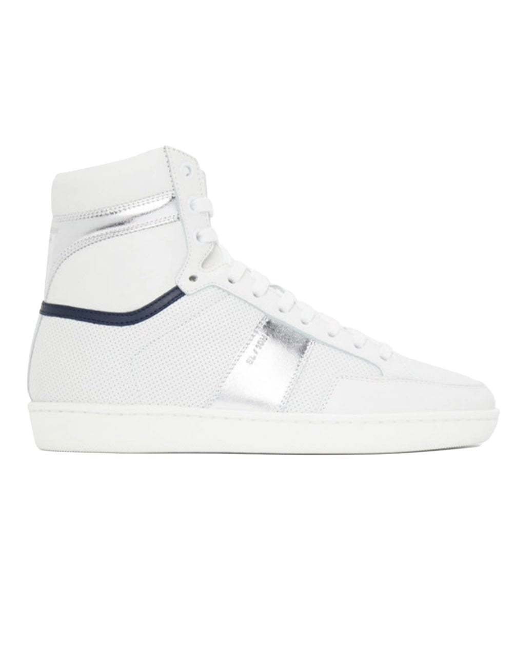 SAINT LAURENT COURT CLASSIC SL/10H HIGH-TOP SNEAKER IN WHITE LEATHER WITH METALLIC SILVER AND NAVY BLUE ACCENTS.