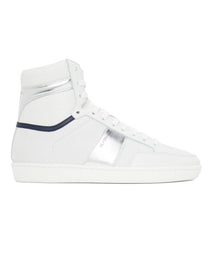 SAINT LAURENT COURT CLASSIC SL/10H HIGH-TOP SNEAKER IN WHITE LEATHER WITH METALLIC SILVER AND NAVY BLUE ACCENTS.