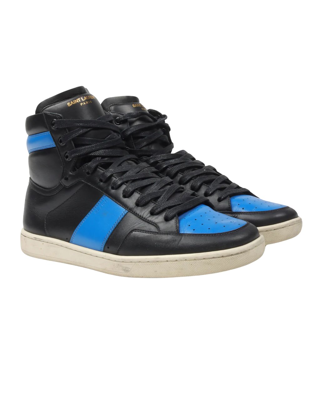 SAINT LAURENT SIGNATURE COURT CLASSIC SL/10H HIGH-TOP SNEAKER IN BLACK LEATHER WITH ROYAL BLUE ACCENTS