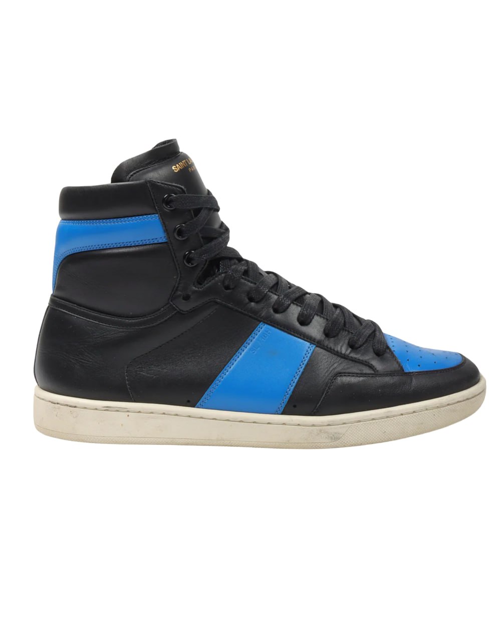 SAINT LAURENT SIGNATURE COURT CLASSIC SL/10H HIGH-TOP SNEAKER IN BLACK LEATHER WITH ROYAL BLUE ACCENTS