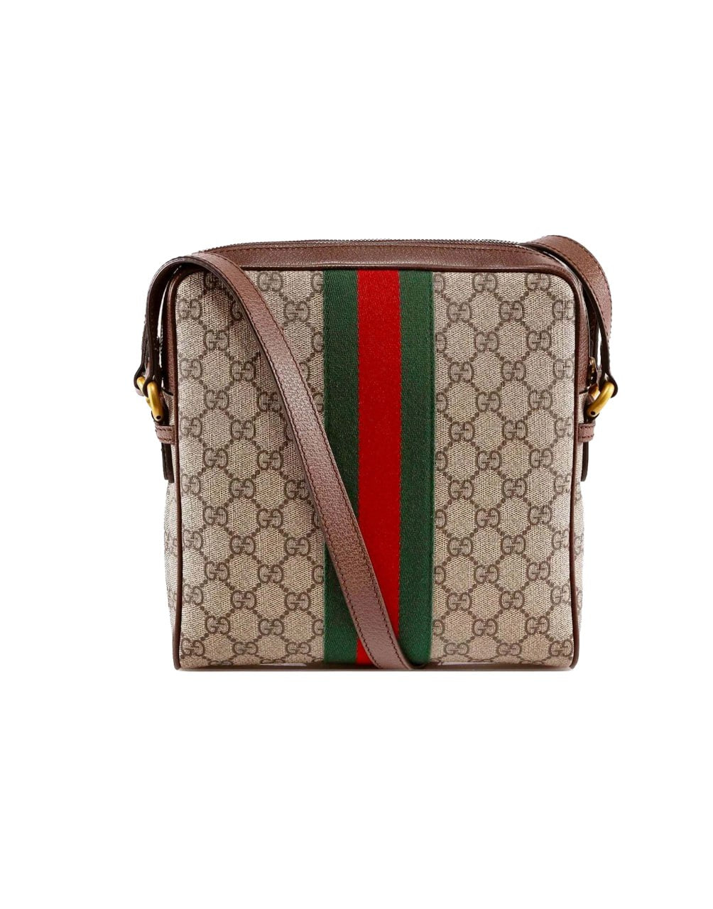 GUCCI GG CANVAS CROSSBODY BAG WITH BROWN LEATHER AND GREEN/RED STRIPE
