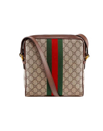 GUCCI GG CANVAS CROSSBODY BAG WITH BROWN LEATHER AND GREEN/RED STRIPE