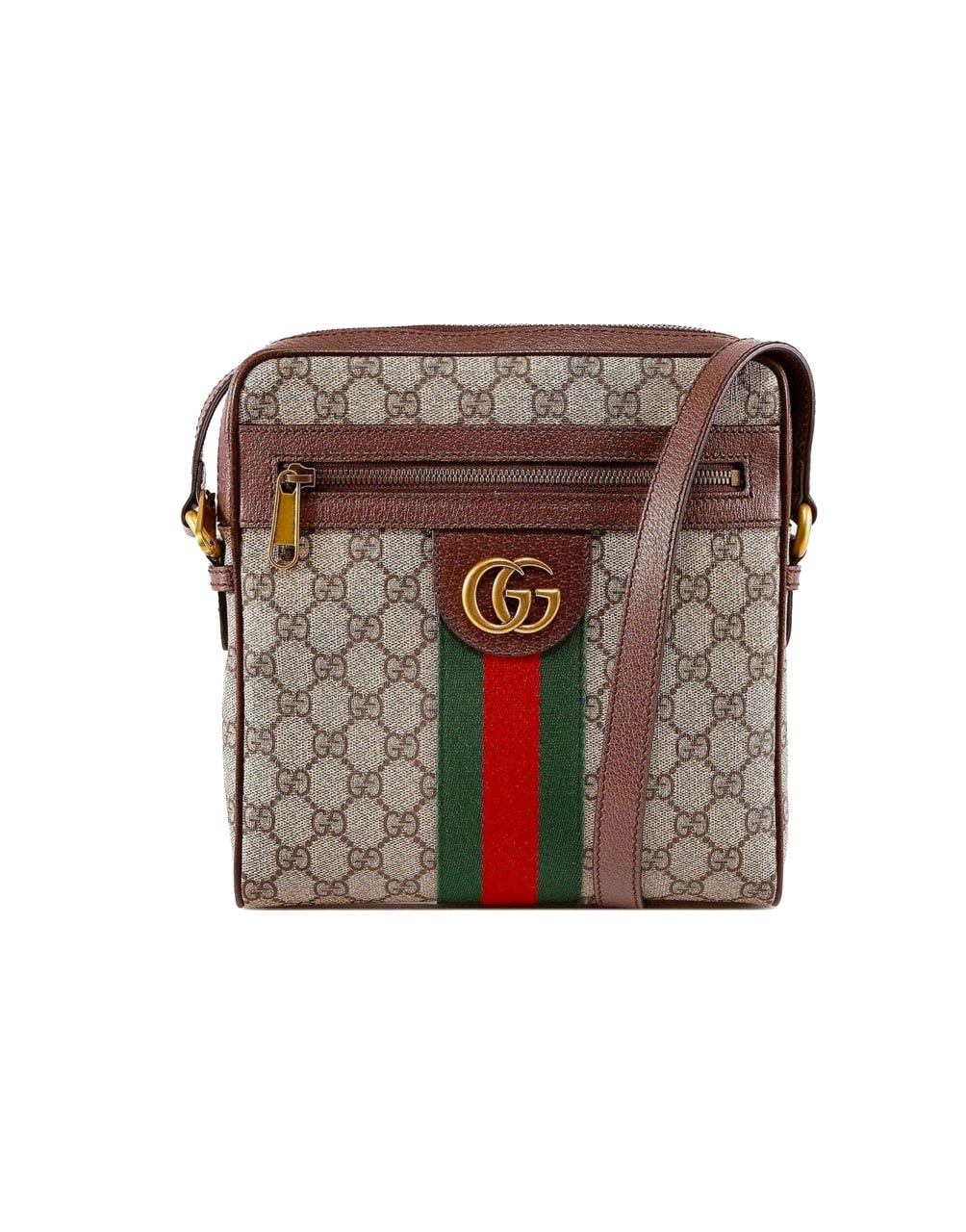 GUCCI GG CANVAS CROSSBODY BAG WITH BROWN LEATHER AND GREEN/RED STRIPE