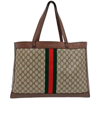 GUCCI GG CANVAS TOTE BAG WITH BROWN LEATHER AND GREEN/RED STRIPE