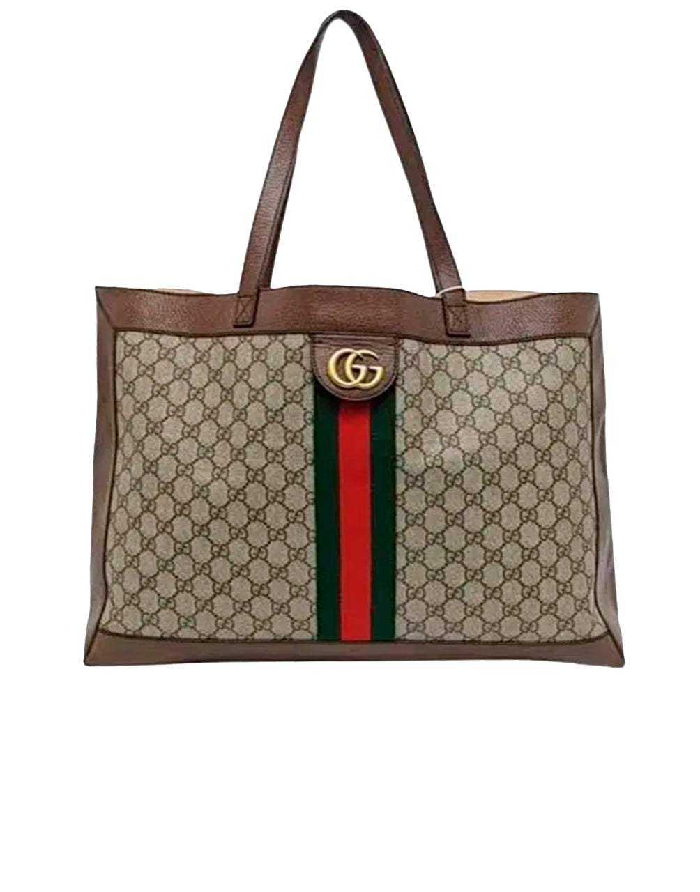 GUCCI GG CANVAS TOTE BAG WITH BROWN LEATHER AND GREEN/RED STRIPE