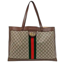 GUCCI GG CANVAS TOTE BAG WITH BROWN LEATHER AND GREEN/RED STRIPE