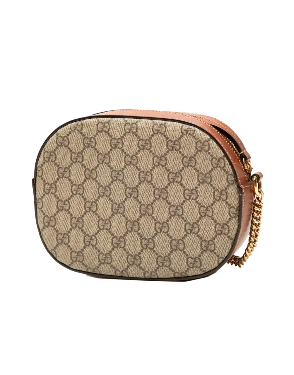 GUCCI GG CANVAS ROUND CROSSBODY BAG WITH BLACK LEATHER AND GOLD CHAIN