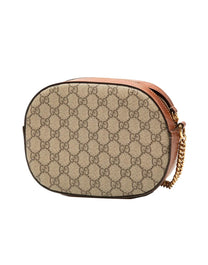 GUCCI GG CANVAS ROUND CROSSBODY BAG WITH BLACK LEATHER AND GOLD CHAIN