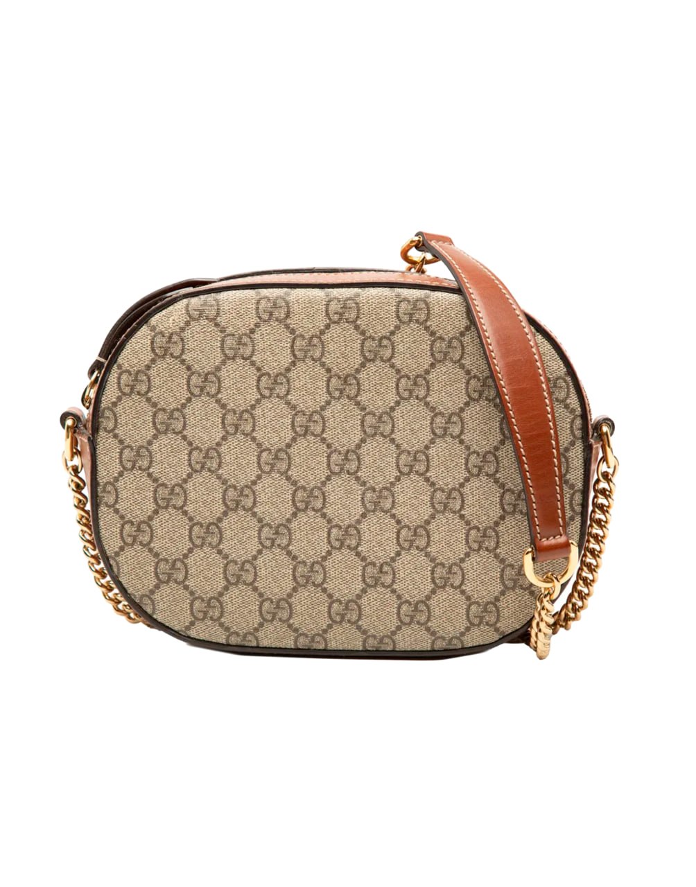 GUCCI GG CANVAS ROUND CROSSBODY BAG WITH BLACK LEATHER AND GOLD CHAIN