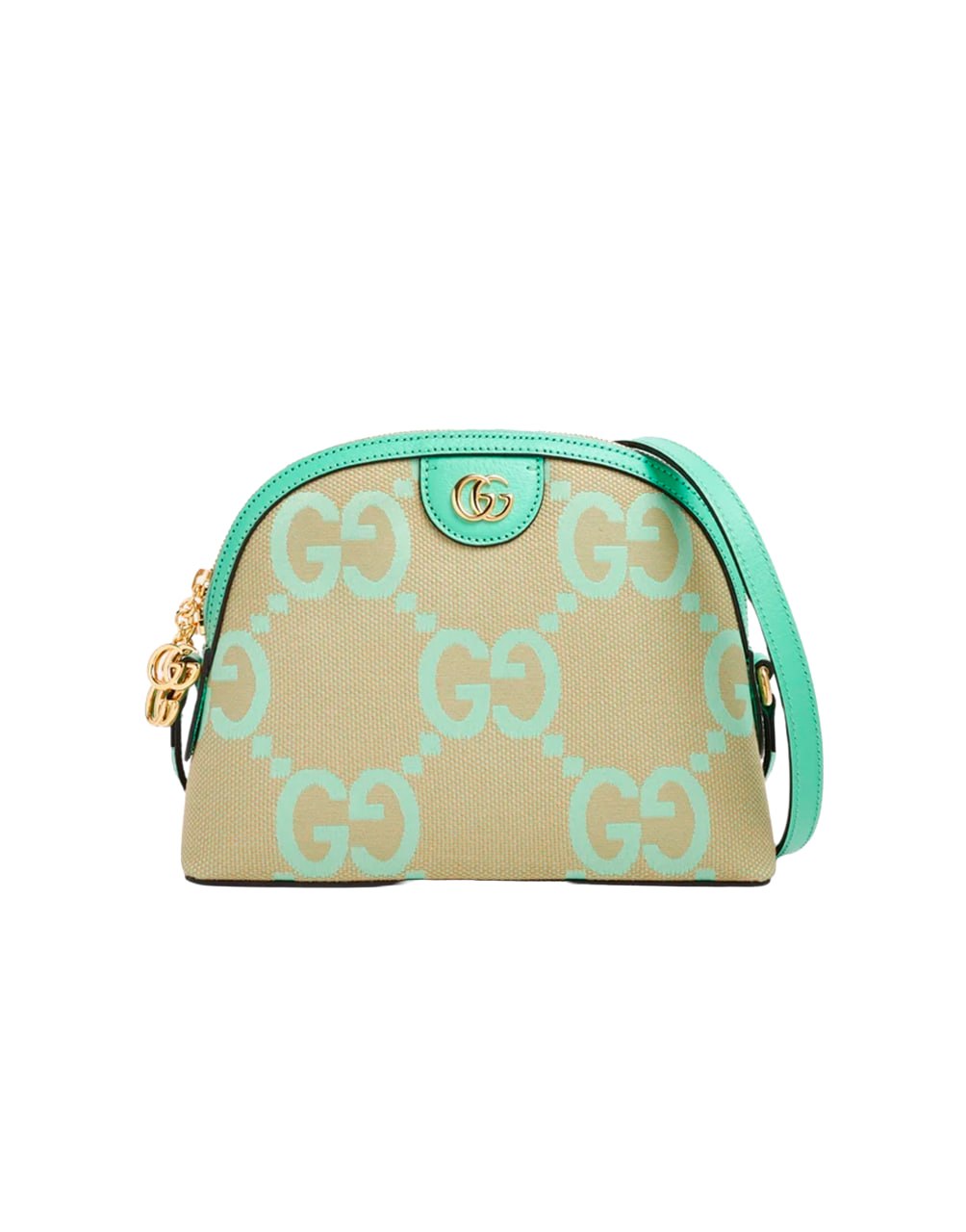 GUCCI GG CANVAS MINI BAG WITH AQUA GREEN LEATHER AND GOLD HARDWARE