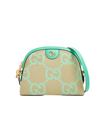 GUCCI GG CANVAS MINI BAG WITH AQUA GREEN LEATHER AND GOLD HARDWARE