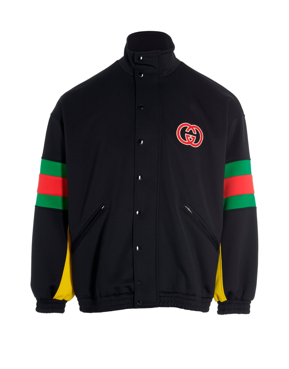 GUCCI NEOPRENE BOMBER JACKET WITH INTERLOCKING G  PATCH AND WEB SLEEVE STRIPES-BLACK