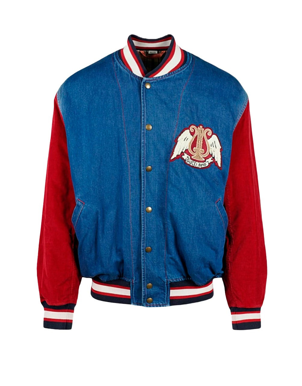 GUCCI BAND Y2K DESIGNER BLUE COLORBLOCK DENIM  CORDUROY VARSITY JACKET NWT