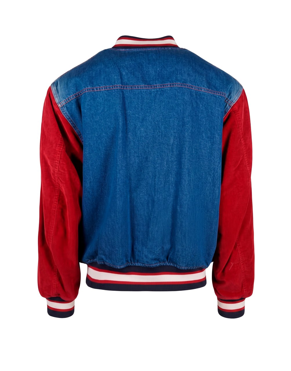 GUCCI BAND Y2K DESIGNER BLUE COLORBLOCK DENIM  CORDUROY VARSITY JACKET NWT