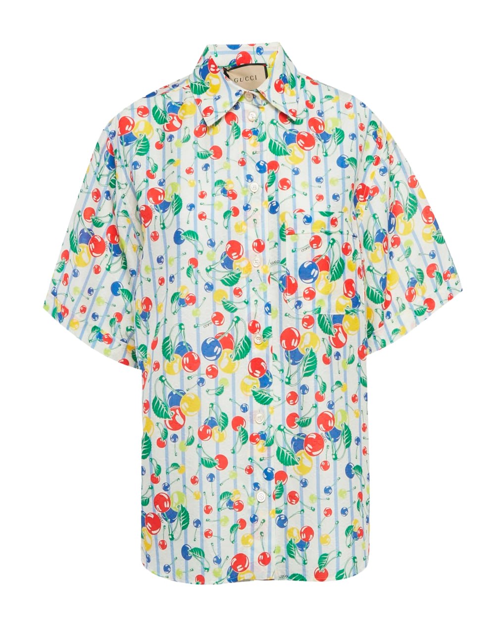 CHEMISE CHERRIES STRIPE ON POPELINE PR IVORY/AZURE/MC