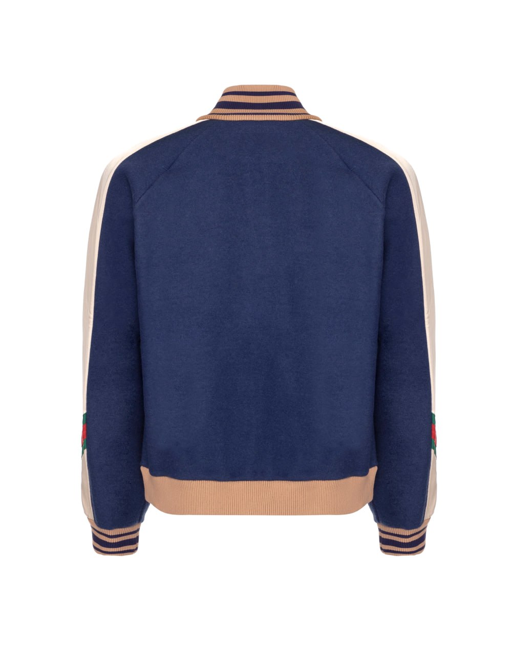 GUCCI GG LOGO VARSITY JACKET – BLUE/CREAM – WEB STRIPE SLEEVES